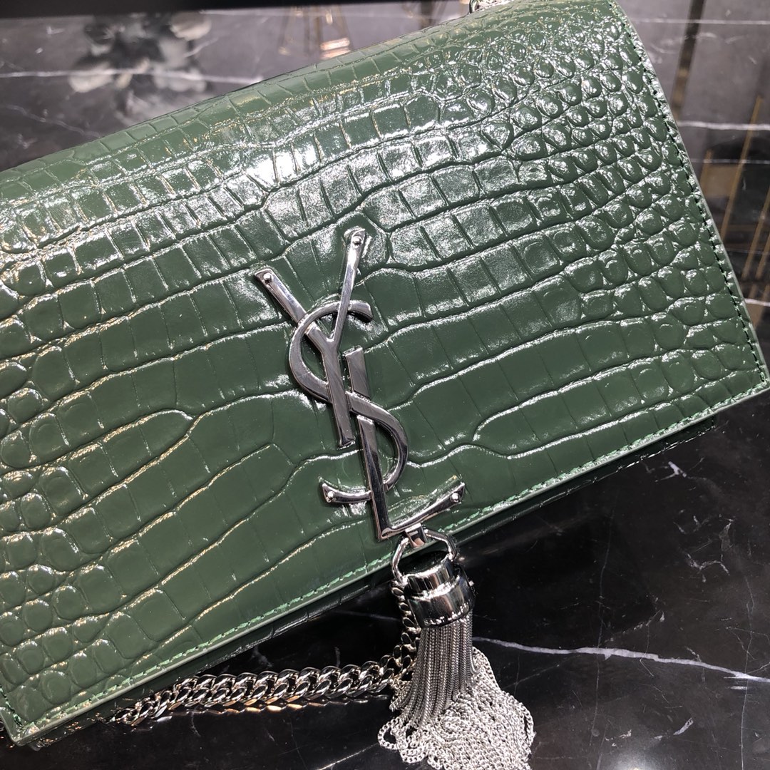 Saint Laurent Kate Tassel Small Crocodile Embossed Calfskin Shoulder Bag Handbag Army Green 474366 Silver